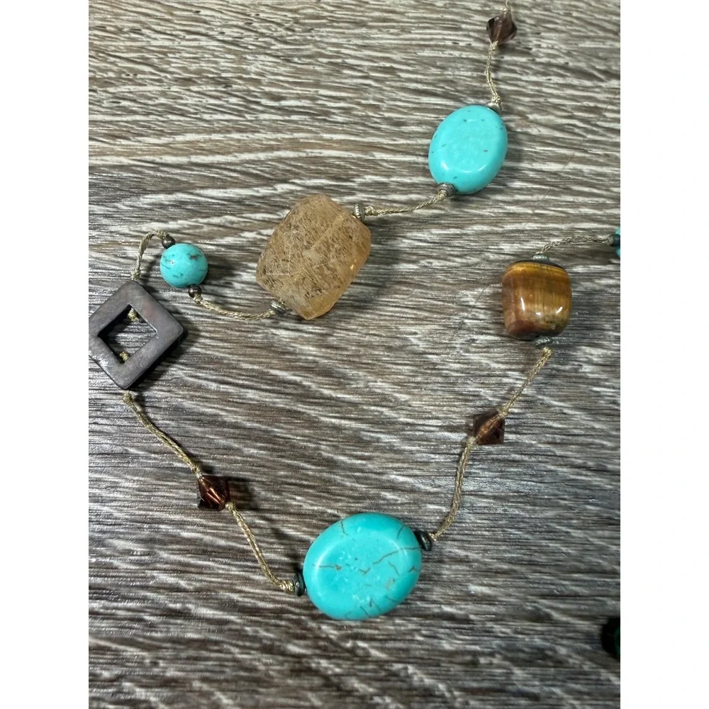 Boho Long Beaded Station Necklace Turquoise Tiger Eye‎ Mixed Stone Earthy